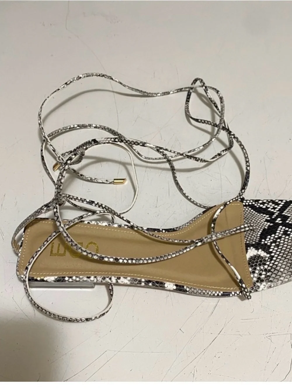 Snake-Print Lace-Up Sandal in Black & White